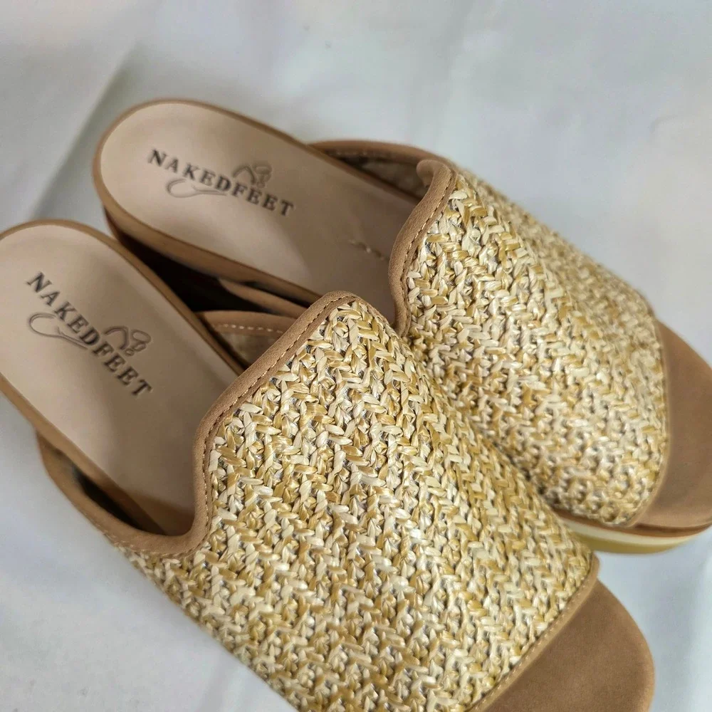 NWOT NakedFeet Flocci Woven Platform Slide Mules Beige Striped Wedge Sandals 9M